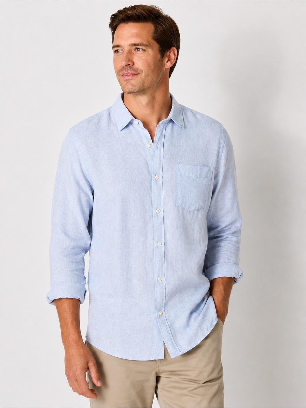 Orvis Linen Blend Button Down Shirt Mens Large Light Blue Casual Coastal Size L